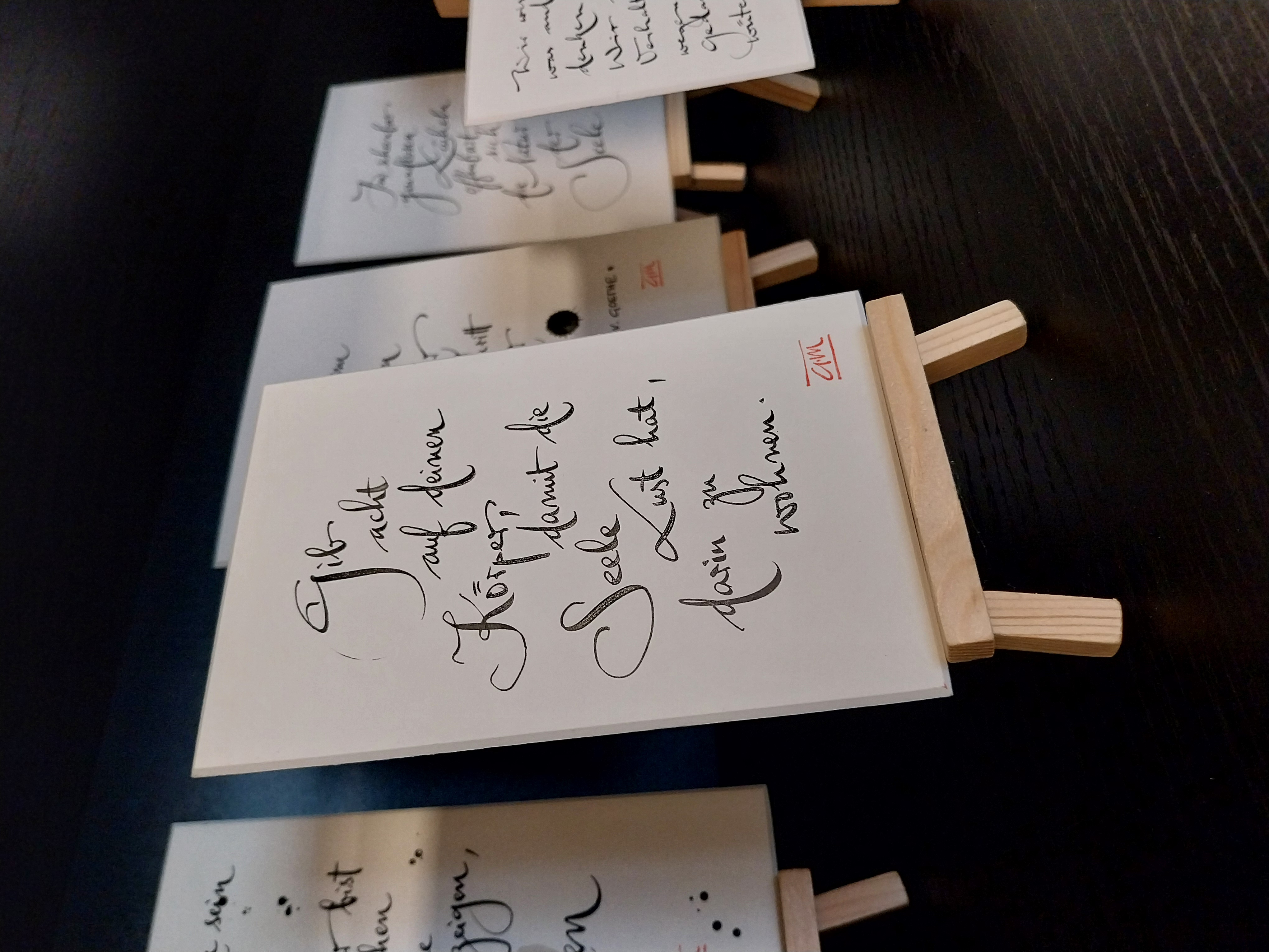 Handgeschriebene Karteikarten auf Holzständern mit deutschem Text vor dunklem Hintergrund.